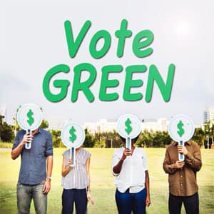 4 people holding up signs with green dollar signs on them, and above them is green text that says, 