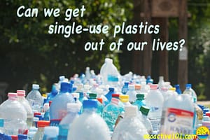 A huge pile of plastic bottles against a natural backdrop, with text asking, “Can we get single-use plastics out of our lives?”