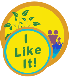 The Team GreenSaver "I Like It" button, with nature scene and family in the background