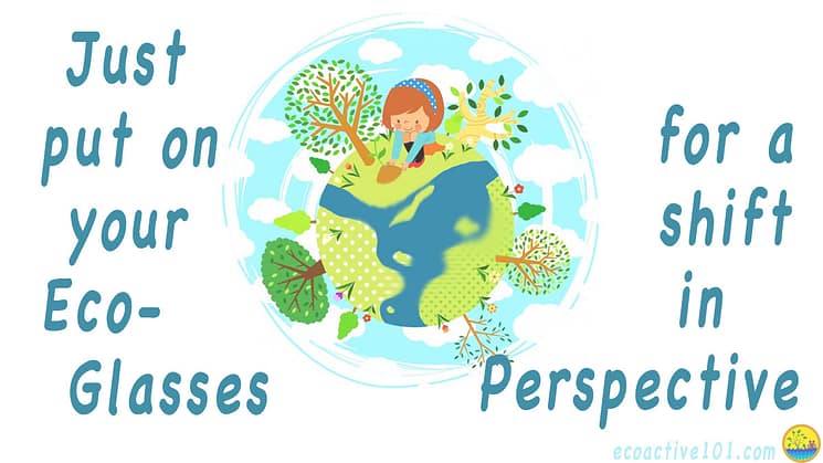 Colorful graphic shows a green earth with trees all around it, a red-headed girl at the top patting down the soil, and a large blue shape running through the earth … is it a river, or a pair of goggles? The words around the picture say, “Just put on your Eco-Glasses… for a shift in Perspective.”