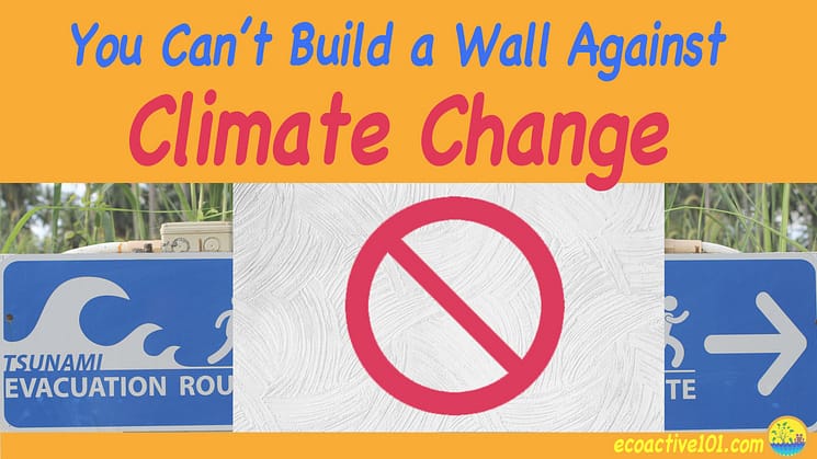 A tsunami evacuation sign partially obstructed by a concrete wall with a "NO" sign on it, and text that says, "You can't build a wall against climate change."
