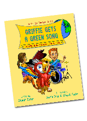 "Griffie Gets a Green Song" Book Cover with picture of Griffie singing, Mia playing piano, and Liam on drums against yellow background