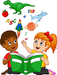 A white girl and a brown-skinned boy reading, having ideas about rockets, food, airplanes, ABCs,dinosaurs, more.