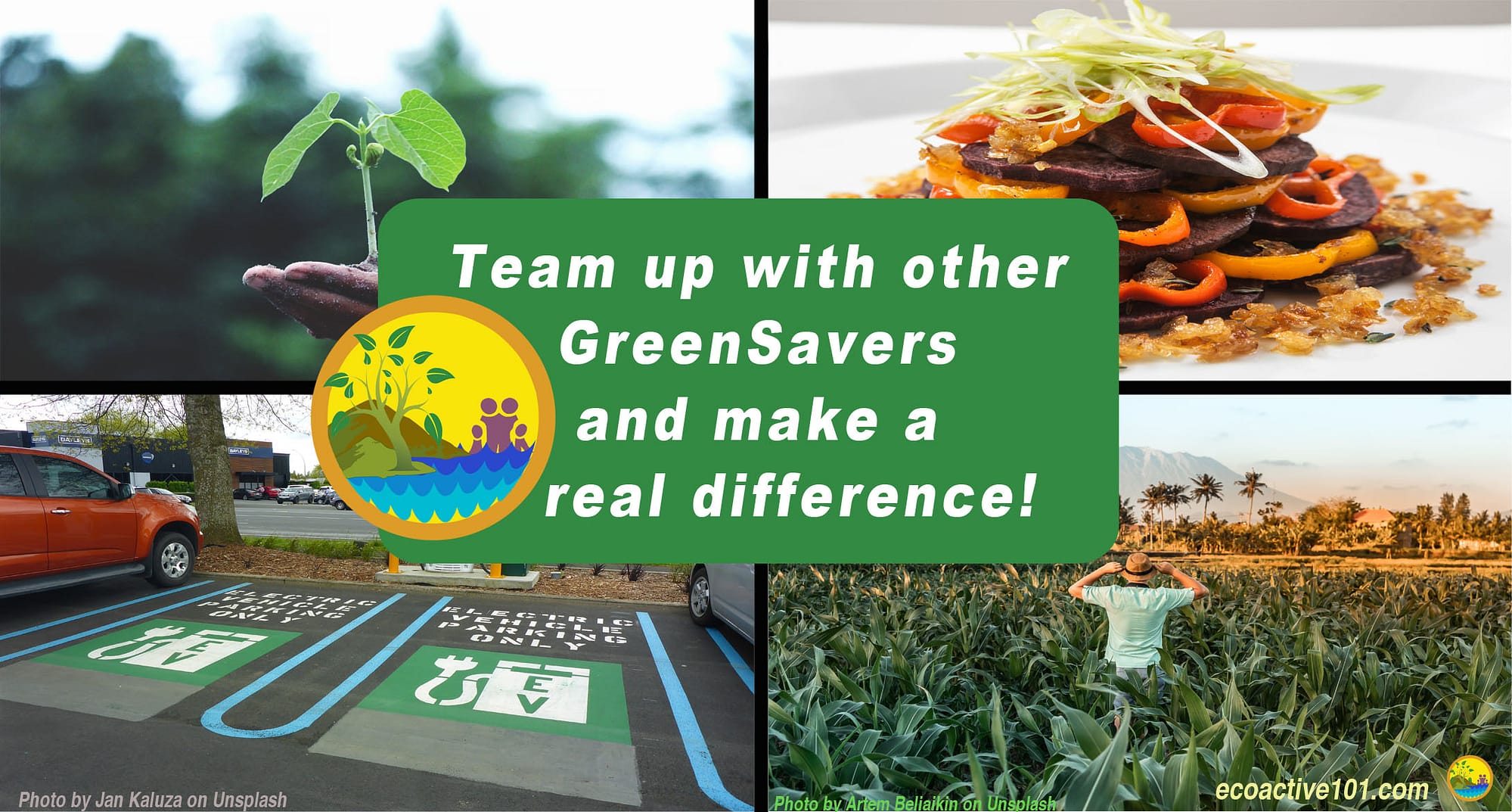 The background shows four scenes: tree planting, electric car charging, regenerative farming, and a vegetarian meal. Superimposed on that are the words, "Team up with other GreenSavers and make a real difference!