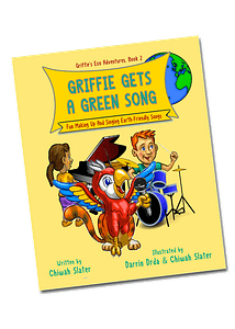 "Griffie Gets a Green Song" Book Cover with picture of Griffie singing, Mia playing piano, and Liam on drums against yellow background