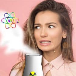 A young woman cringes at the sight of steam coming out of a nuclear reactor.