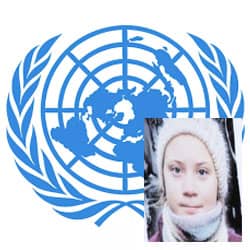UN logo in blue with picture of Greta Thunberg to the right
