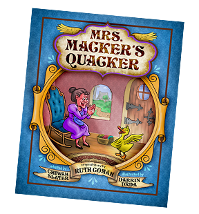 Mrs. Macker's Quacker book cover. Old lady knotting as she listens to Pluck the Duck telling her of his singing and dancing talents, all in a gold frame on a blue cover.