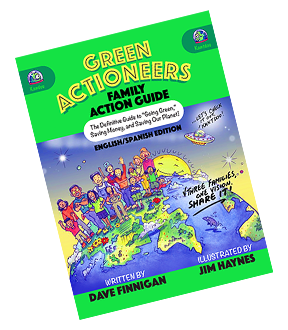 Green Actioneers Family Action Guide cover. Happy families around the globe, on a bright green background.
