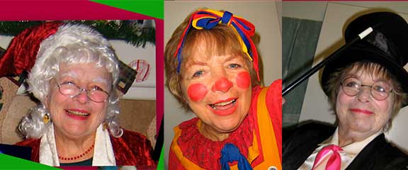 Chiwah as Mrs. Santa, Starsong the Clown, and Marvella the Magician. Entertaining kids with funny antics and coloring pages!