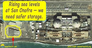 Aerial view of San Onofre Nuclear Generating Station, in California, showing ocean 108 feet from canisters of stored nuclear waste. The text says, “Rising sea levels threaten San Onofre nuclear waste cans.”