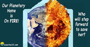 A house outline partly obscured by a burning earth. The words say, "Our planetary home is on fire! Who will step forward to save her?