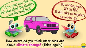2 cartoon characters stand next to a pink SUV. One says, "I love your new ride, man! But what about the glaciers, and the rainforest?" The other replies, "No worries, man! It's an SUV! It'll take us anywhere we want to go!" And the caption at the bottom asks, "How aware do you think Americans are about climate change? Think again."