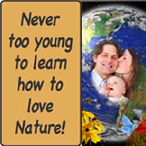 A young married couple and their infant are pictured in the center of a colorful globe, with yellow and red flowers growing all around them. The text says, “Never too young to learn how to love nature!”