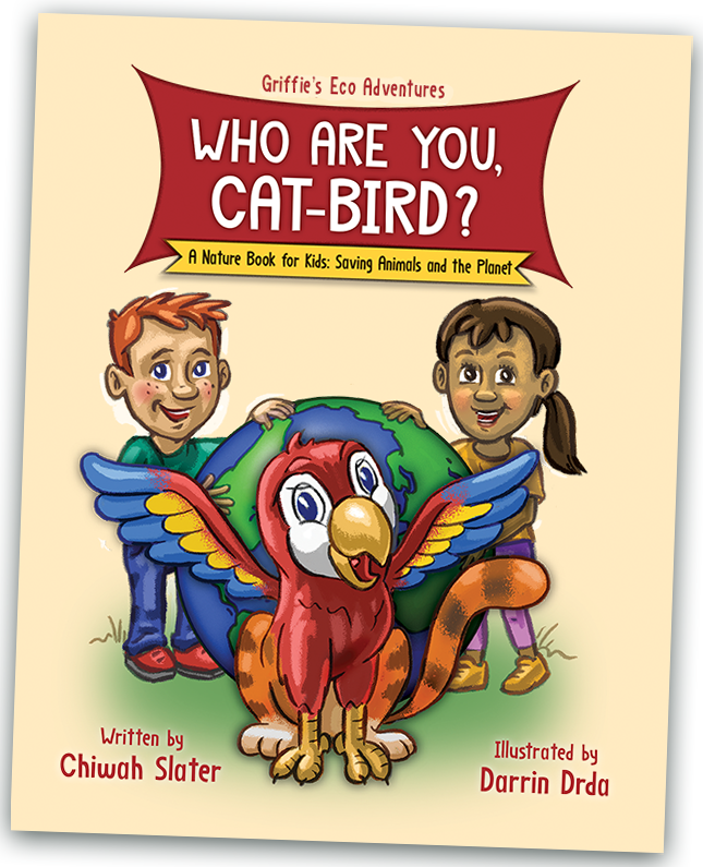 "Who Are You, Cat-Bird?" book cover, light coral-gold background with Griffie the cat-bird in front of globe behind whicn two children stand with their hands resting on the globe.