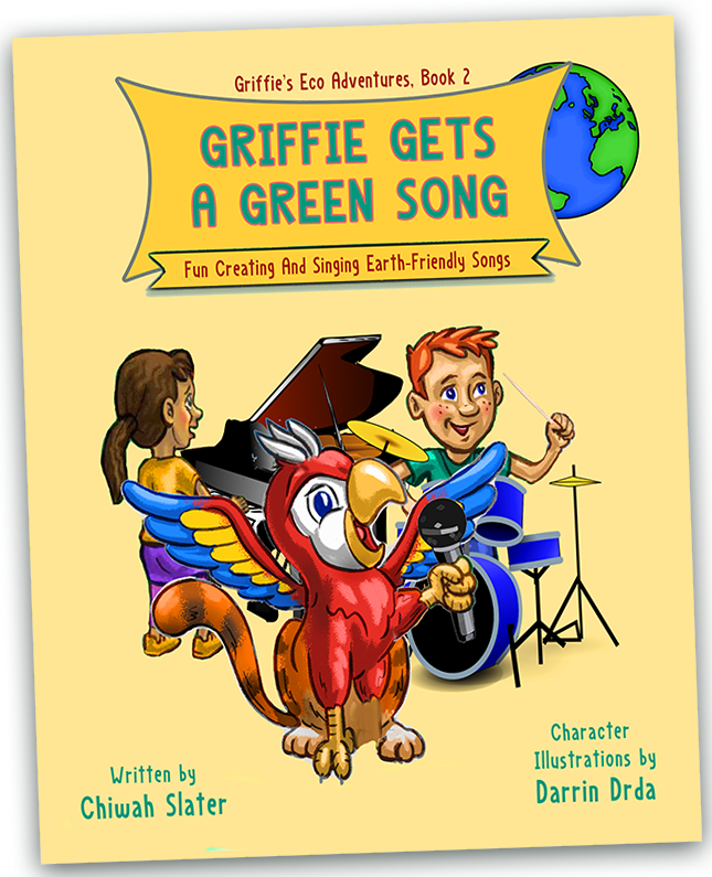 Mythological heroes storybook cover, tilted, for the book “Griffie Gets A Green Song.” Picture on book cover shows Griffie the 21st-Century Griffin, who is half parrot and half house cat, singing into a mic while two kids play piano and drums against yellow background.