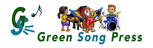 Green Song Press logo and name, with Liam playing drums, Mia on piano, and Griffie singing in the middle