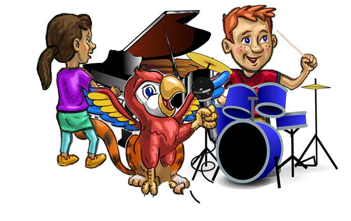 In this eco storybook, Griffie the 21st-Century Griffin, half parrot and half house cat, sings into the mic as two other eco storybook characters, dark-skinned Nia and light-skinned Liam, play piano and drums.