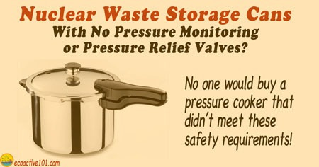 We see a pressure cooker and the words, “Nuclear waste storage cans with no pressure monitoring or pressure relief valves? No one would buy a pressure that didn’t meet these safety requirements.”