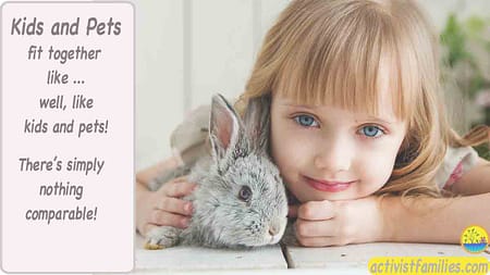 We see a young girl with peaceful eyes resting her chin and one arm on a picnic table while holding a live rabbit in the other arm. The text says, “Kids and pets fit together like—well, like kids and pets! There’s simply nothing comparable.”