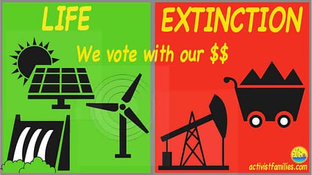 The left side of the image has a green background and shows a solar panel, a wind turbine, and a hydroelectric plant. The right side has a red background and shows an oil well and a mining car loaded with coal. In yellow we see the words, “Life or Extinction? We vote with our dollars.” Stop global warming!