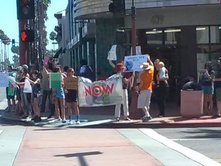 Climate Strike demonstrators in Oceanside, CA, hold their signs high.